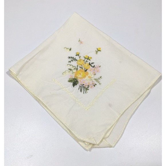 Unbranded Accessories - Vintage Embroidered Handkerchief Hanky Yellow Pink White Embroidered Flowers